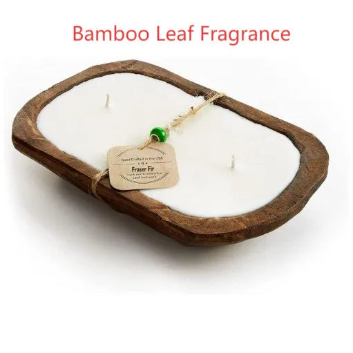 Retro-style wooden basin containing a Lavender soy wax aromatherapy candle with three visible wicks.