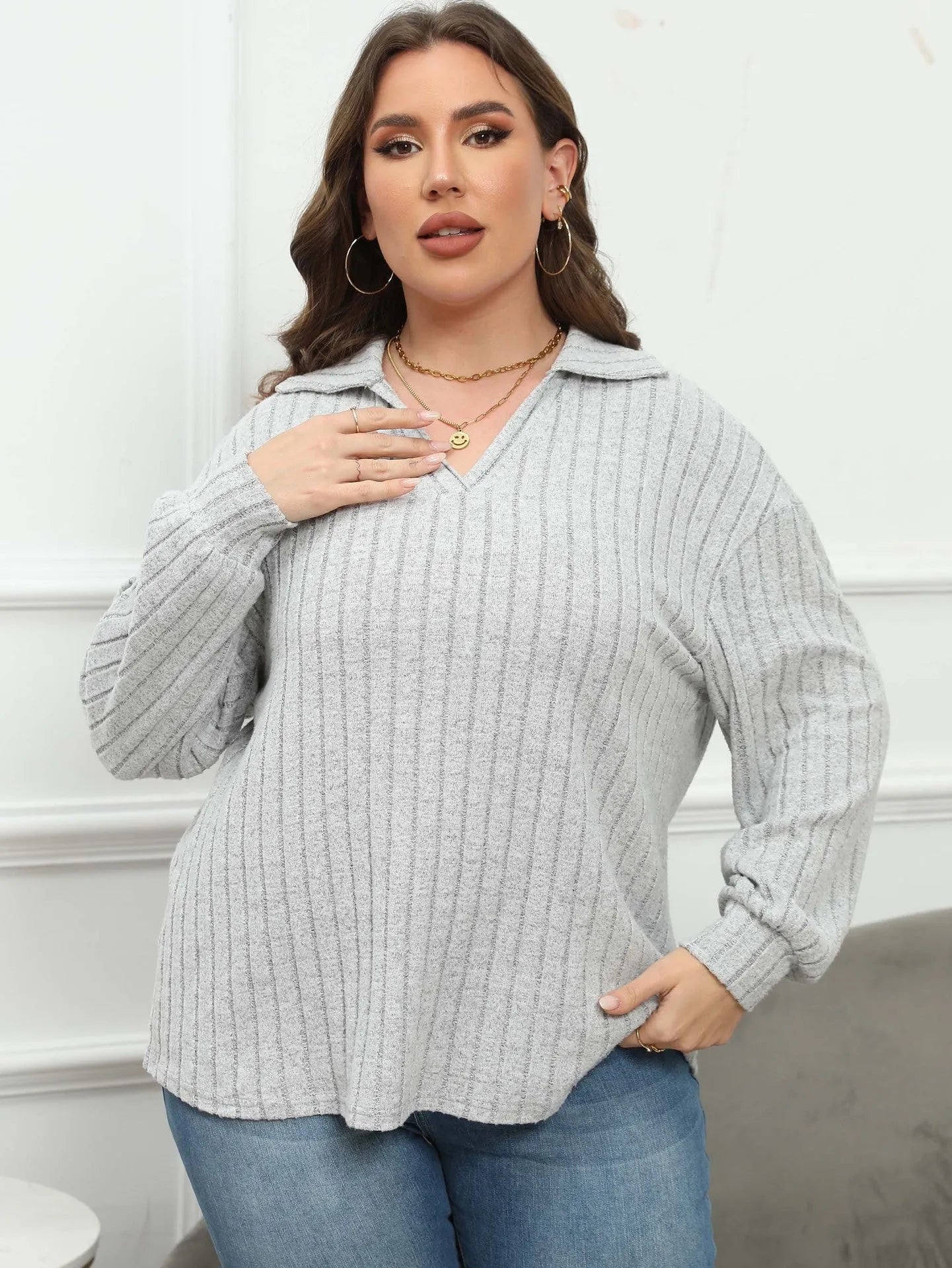 Women's plus size gray polo collar fleece blouse with lantern sleeves