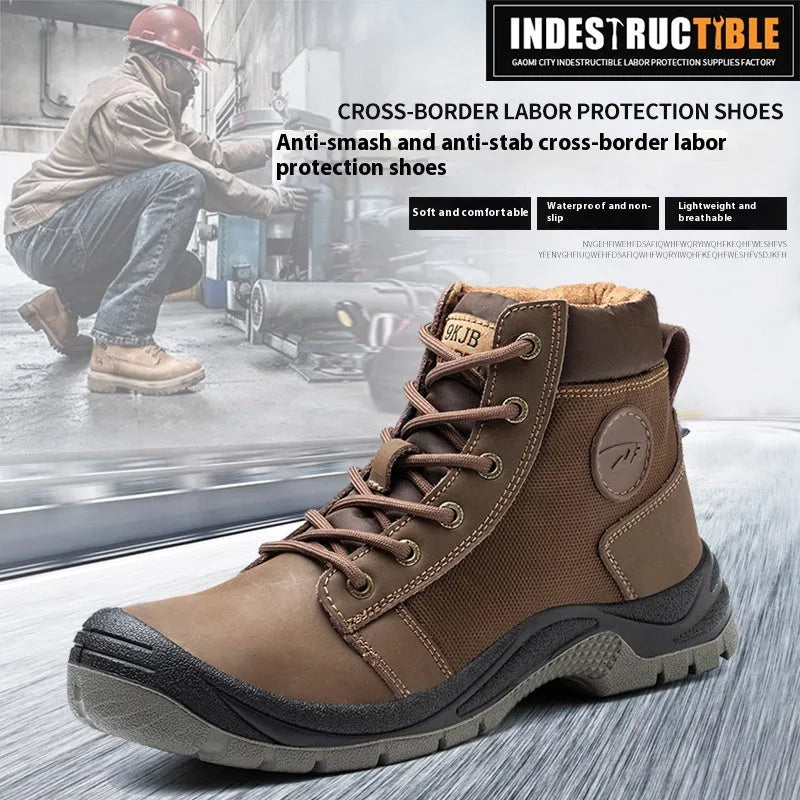 Anti-smashing labour protection shoes in orange, grey, green and yellow with leather uppers and rubber soles