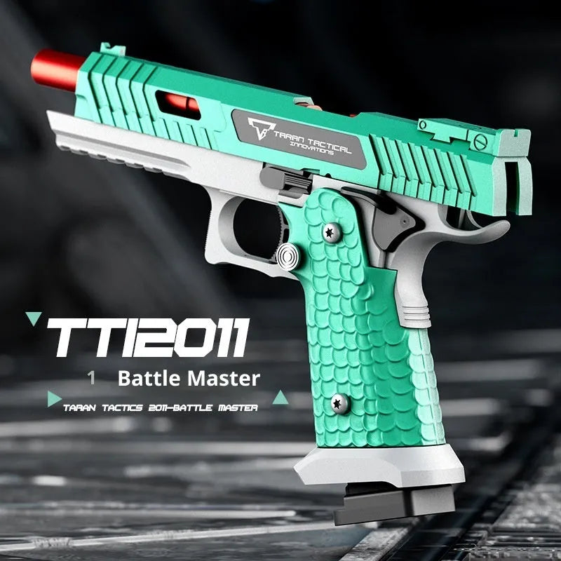 Metal shell-ejecting toy gun with slide lock in Macaron Green, showing realistic action