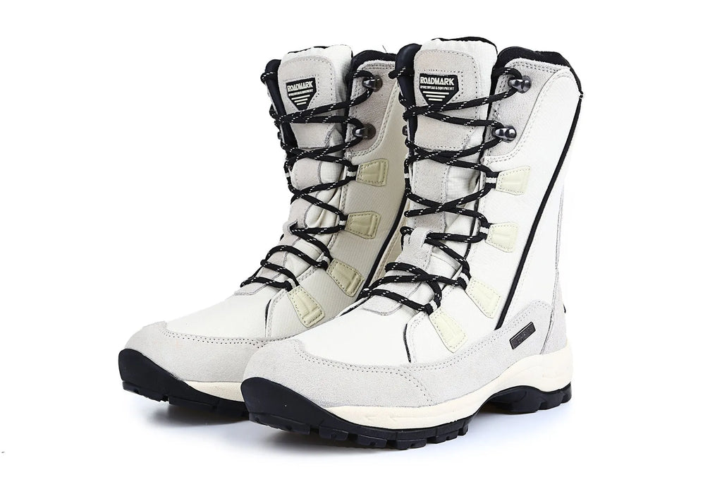 Women's genuine leather mid-calf thermal snow boots in black colour with round toe and rubber sole