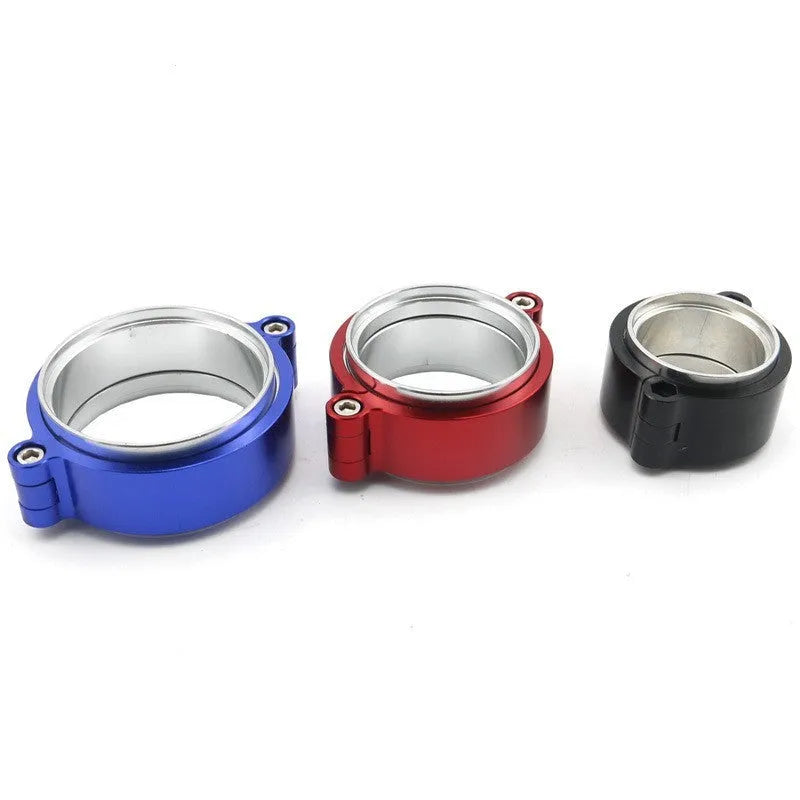 Aluminium turbocharger exhaust clamp in black, blue, or red for 2" to 4" downpipes