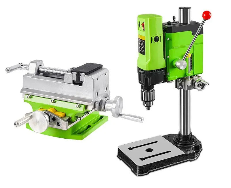 Mini bench drill milling machine with AC power supply and included bench pliers on workbench