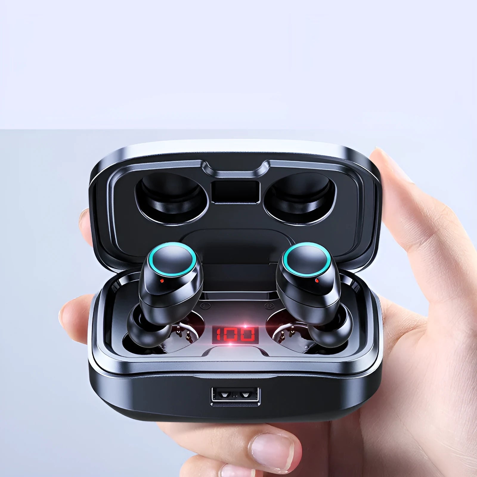 Black wireless Bluetooth in-ear headphones with a private mould design