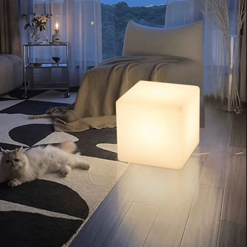 White LED cube stool light with modern design showing waterproof construction and clean geometric lines