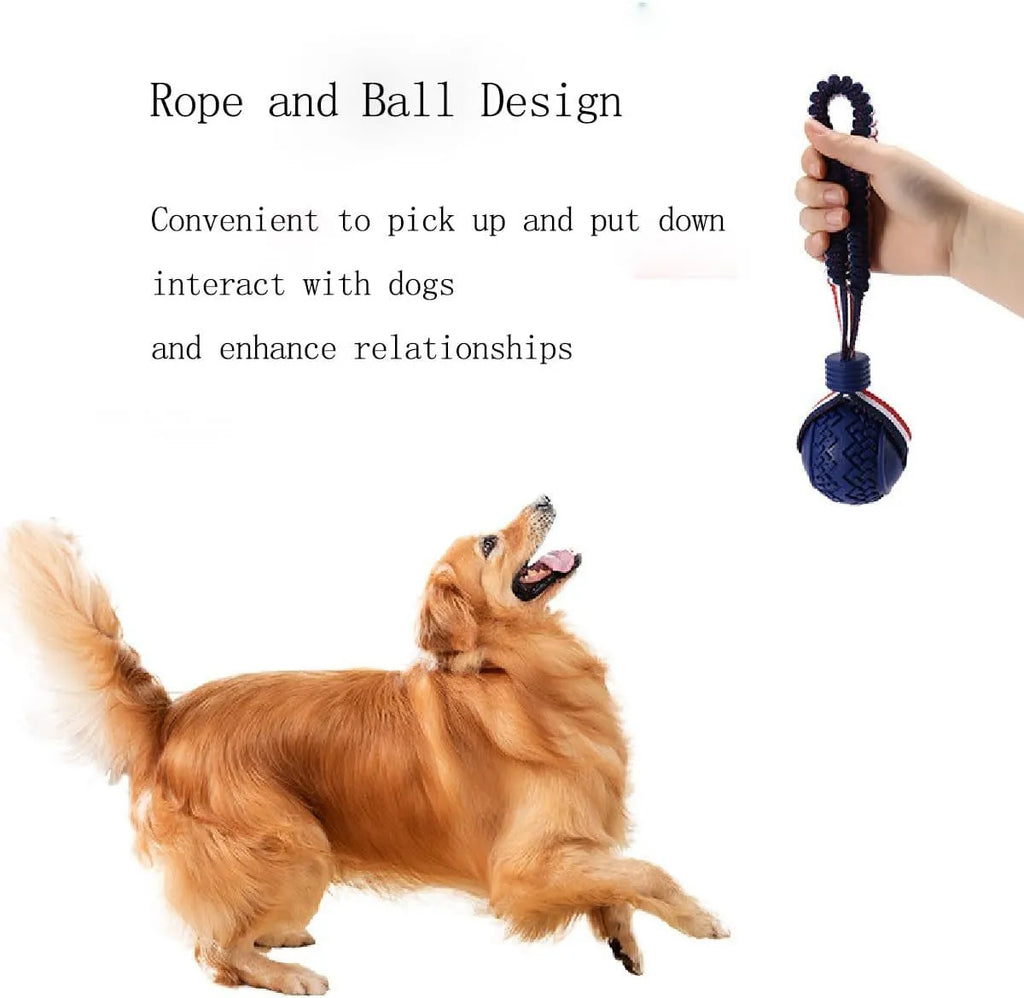 Blue and red dog ball with rope toy showing 6.5cm rubber ball attached to rope