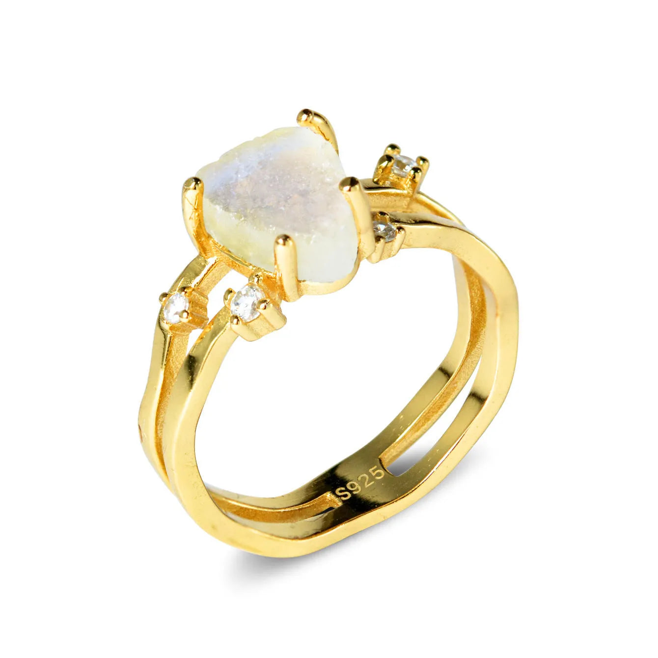 S925 silver ring with irregular triangle shape and moonstone in rose gold, white gold, or yellow gold finish.