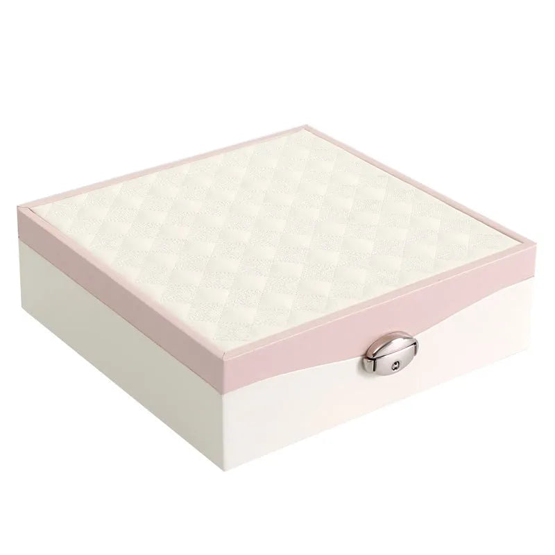 Red and white PU leather jewellery storage box with large capacity for necklace and ring organisation