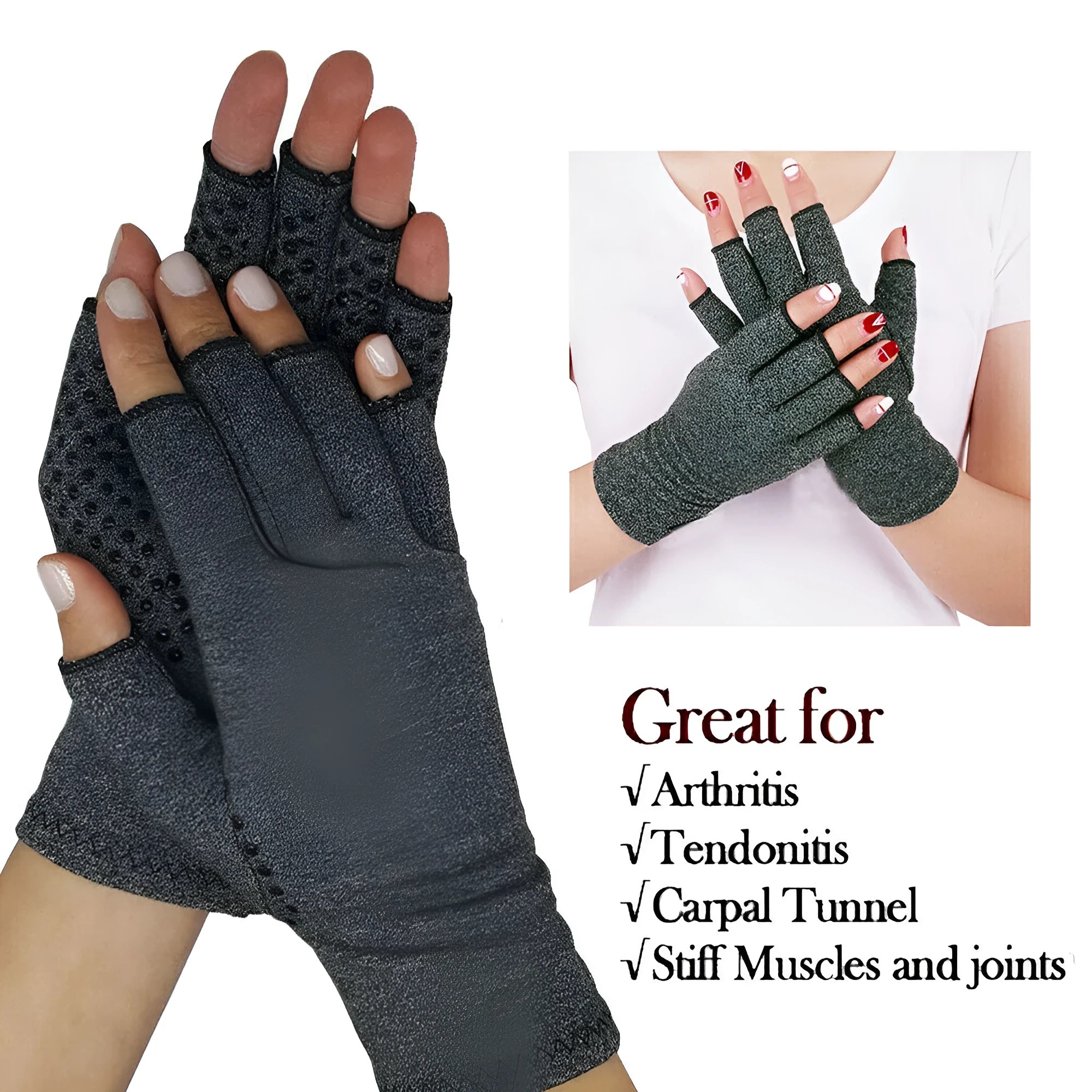 Gray half-finger joint compression gloves showing anti-slip grip details and polyester-spandex fabric texture