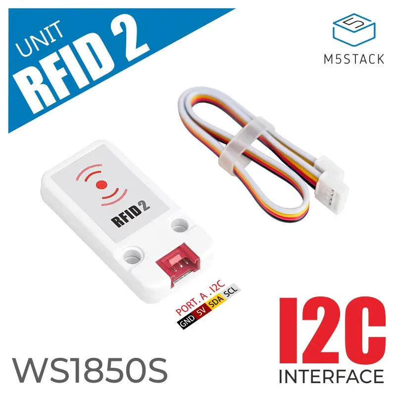 M5Stack WS1850S RFID sensor module on a white background, showing 7cm by 2cm size and HY2.0 connector.