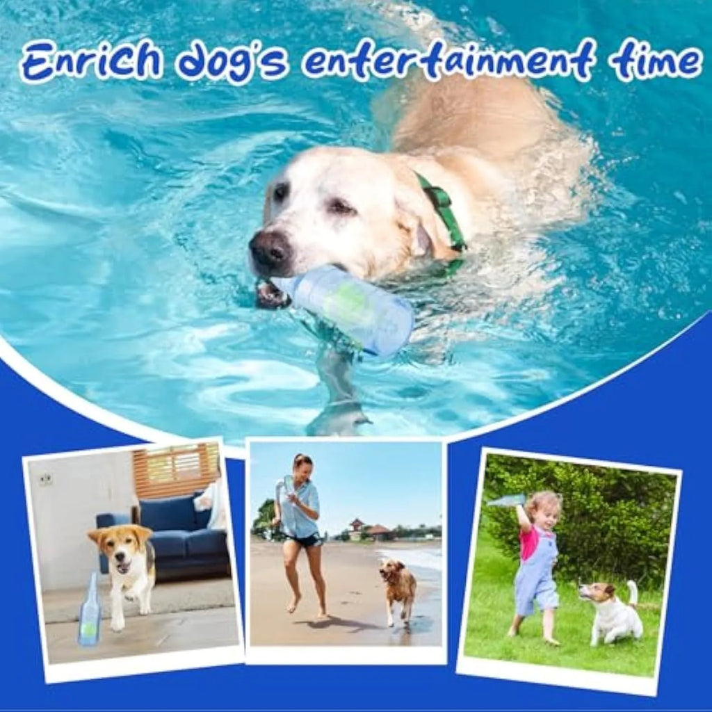 Blue green red natural rubber dog water bottle cruncher toy with squeaker for aggressive chewers