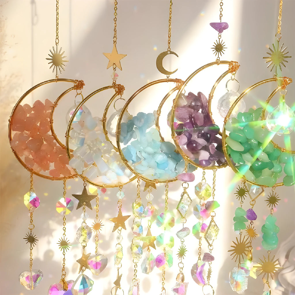 Moon-shaped K9 crystal car pendant hanging from a metal chain, available in blue, green, pink, purple, and white.