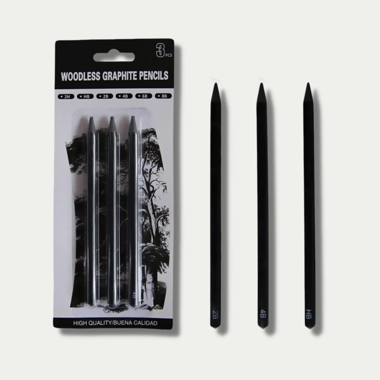 Set of six wood-free graphite sketching pencils in HB, 2B, 4B, 6B, 8B and EE grades