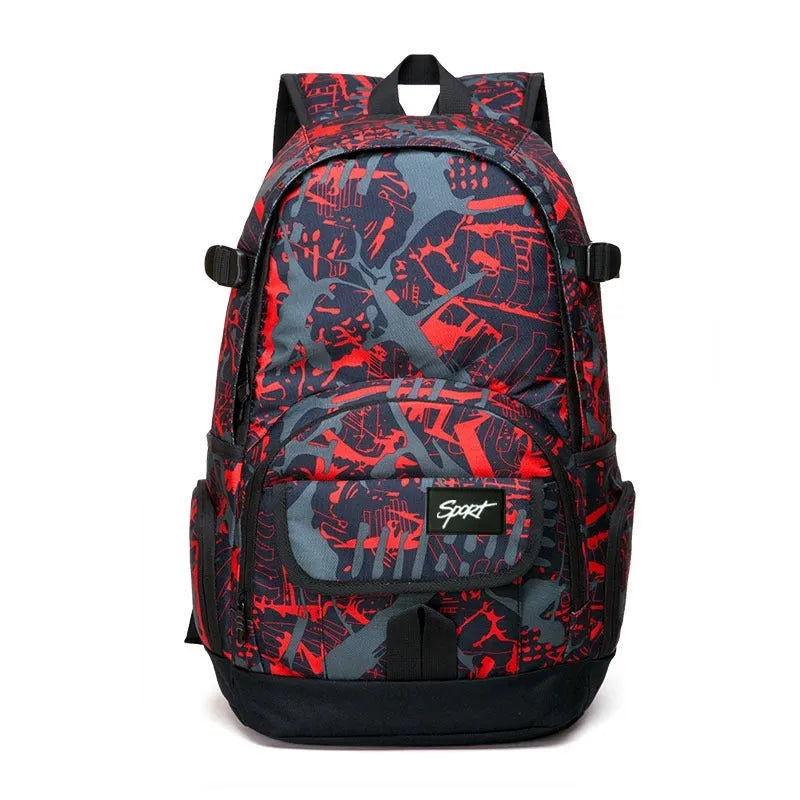 Classic large blue nylon backpack with multiple compartments shown from the front.