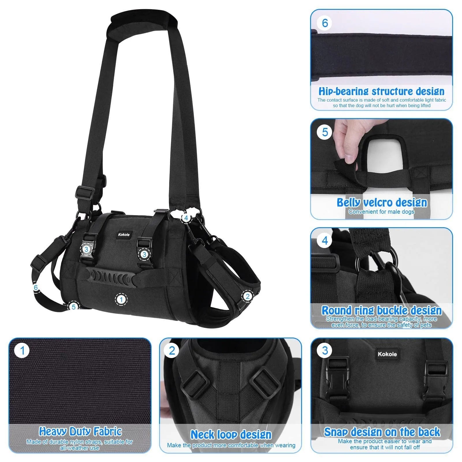 Black Oxford cloth dog harness with leg support and breast strap on medium-sized dog
