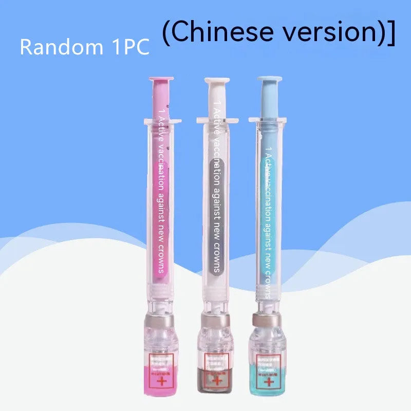 Vaccine pen design gel pen with black refill showing retractable click mechanism and 0.5mm needle tube point
