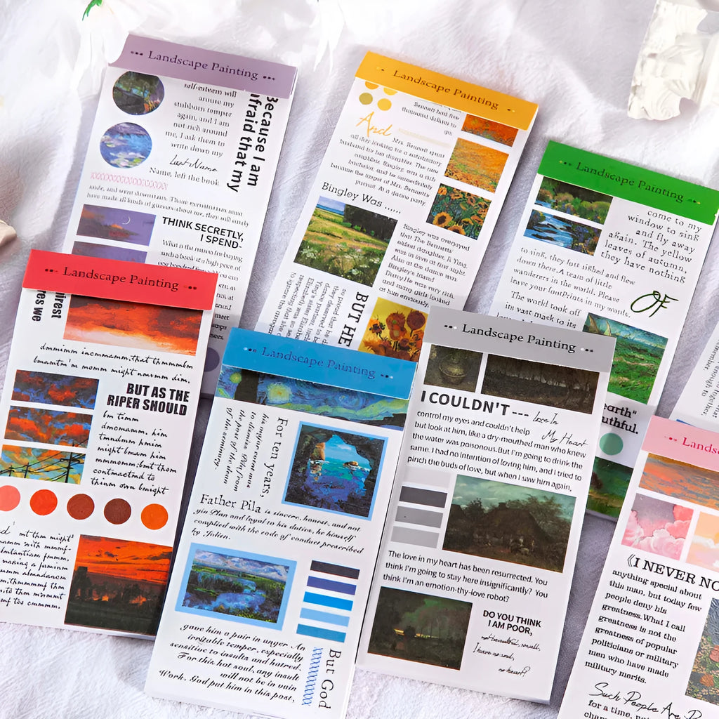Paper stickers with landscape paintings, 60mm by 120mm, pack of 20 in various colours