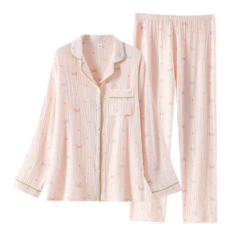 Women's long-sleeved cotton pyjama set in lightweight fabric available in pink or beige