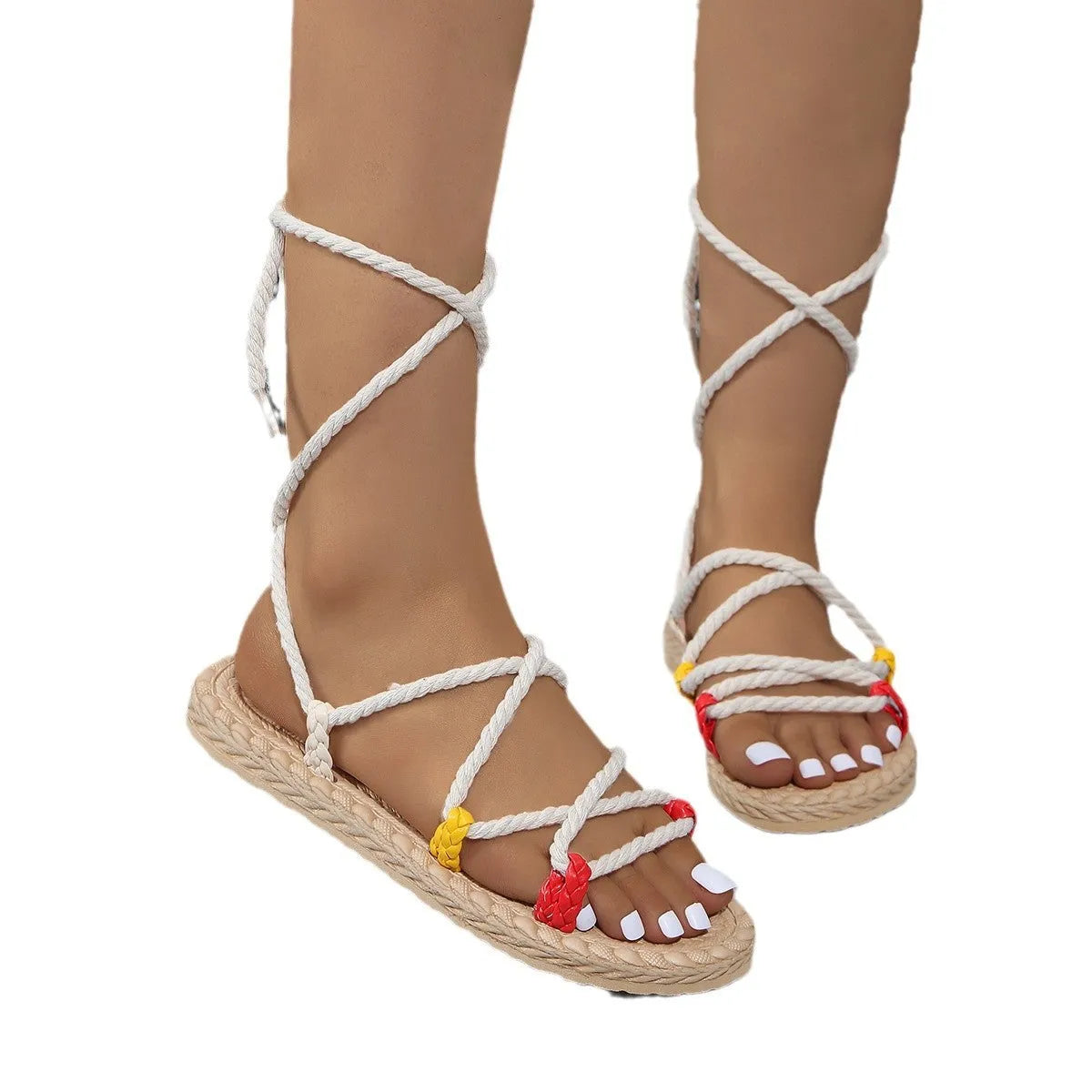 Women's sandals with ankle ring bandage cloth thick bottom PU upper round toe in black white apricot sizes 36 to 43