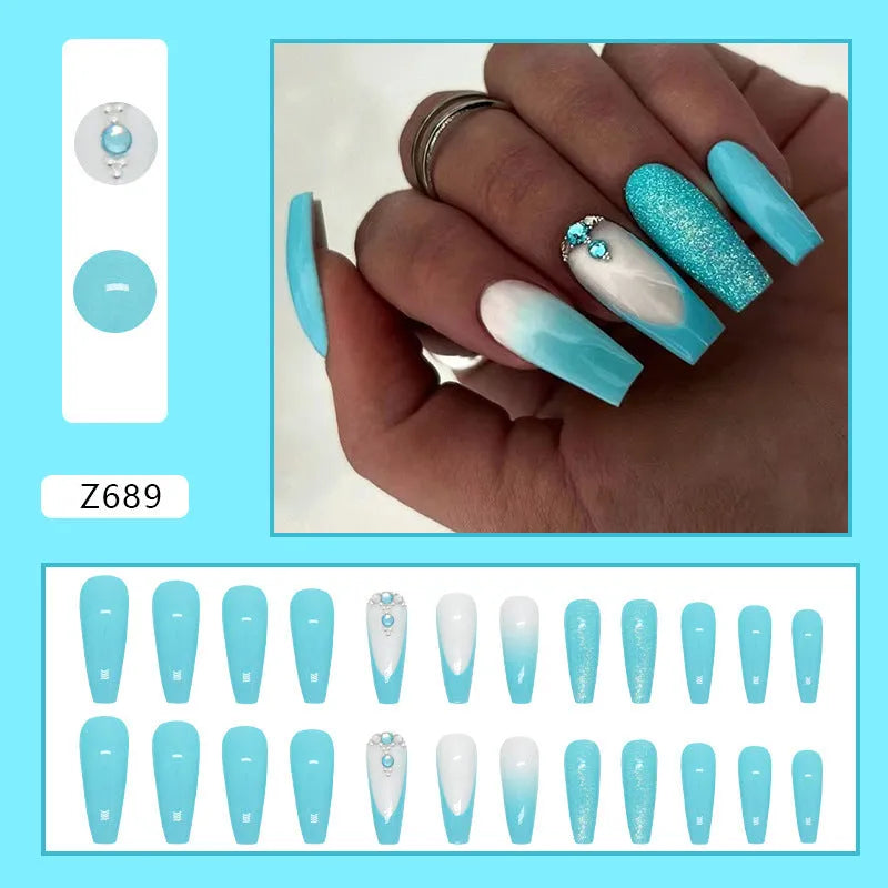 Blue diamond decorated ballerina artificial nails with 20mm length and included glue