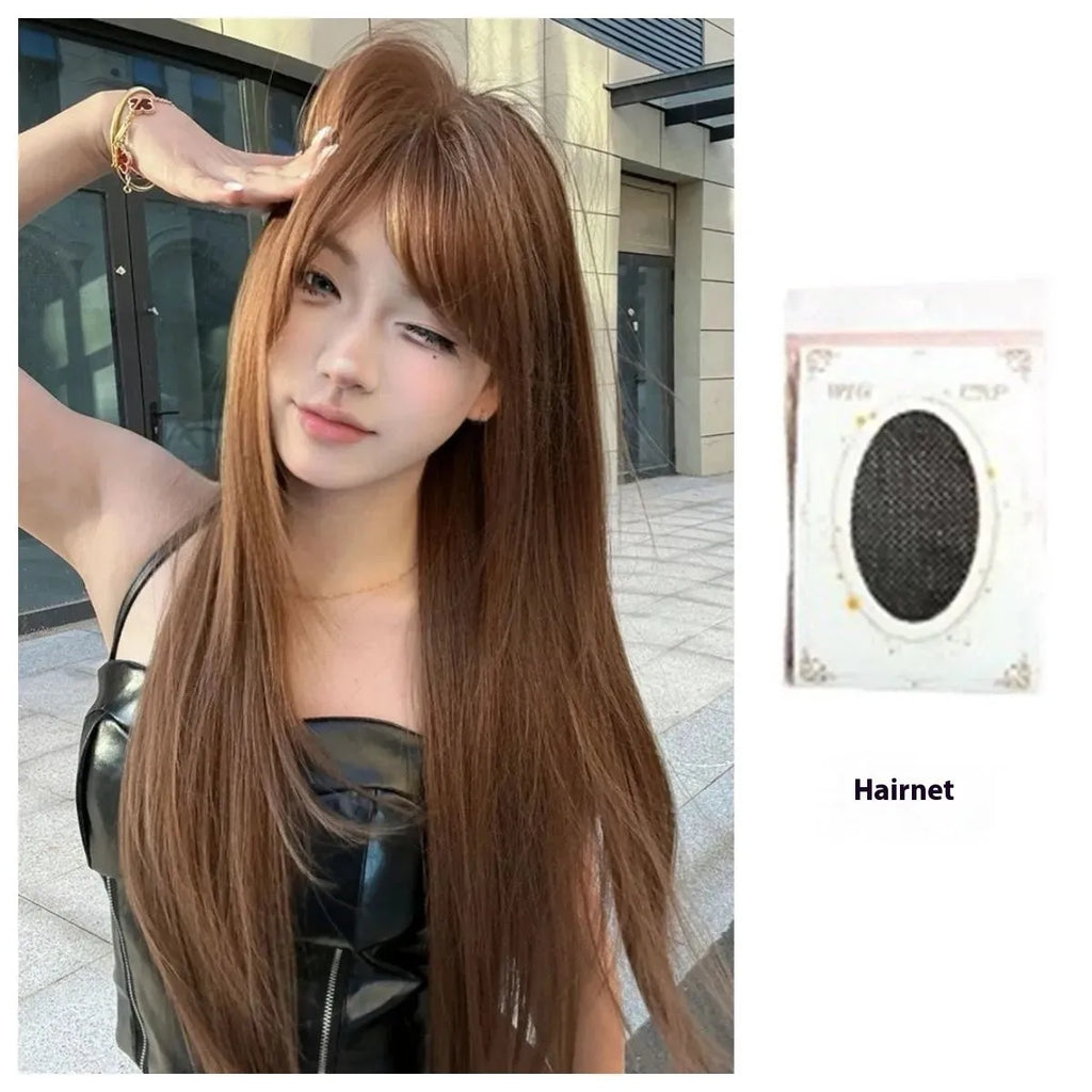 Warm tea chestnut brown long straight synthetic wig with fringe on a model or stand.