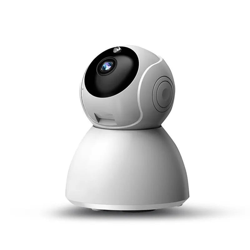 White wireless indoor security camera with 1080P HD resolution and hemispherical design on white background