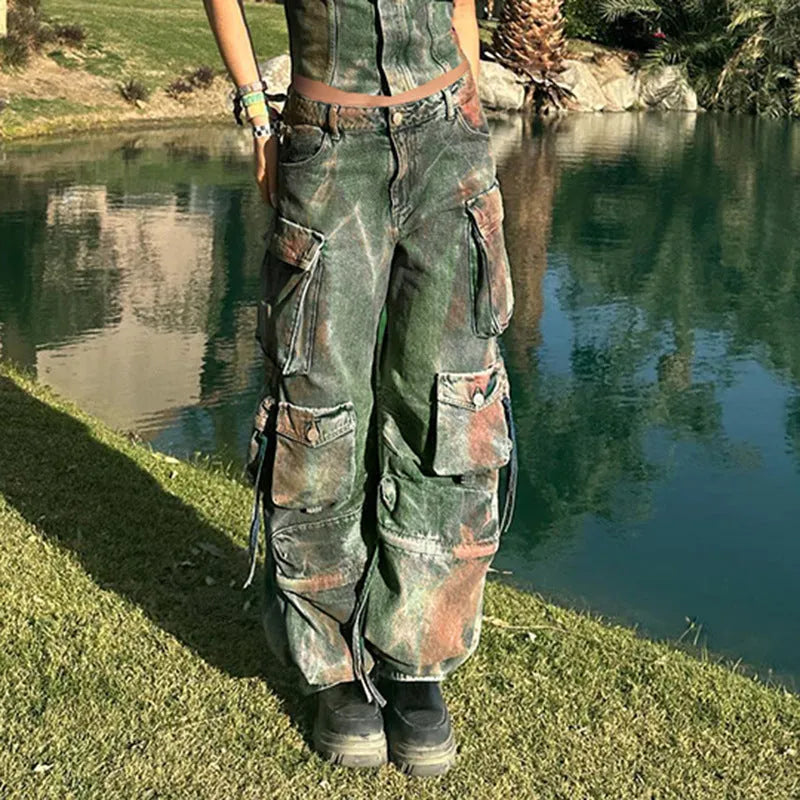 Loose cargo denim trousers with retro colour gradient pockets and multiple storage compartments