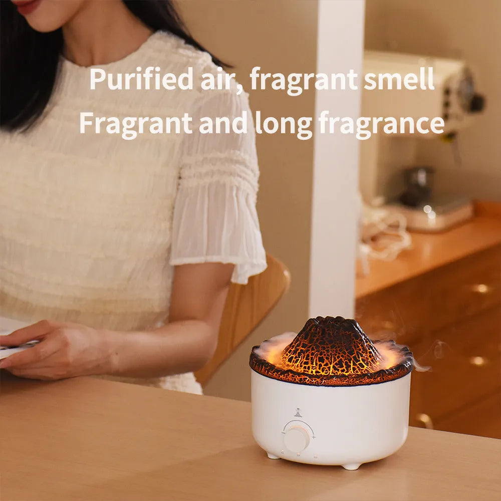 White ultrasonic simulated flame humidifier with remote control and low noise, 162x162x128mm