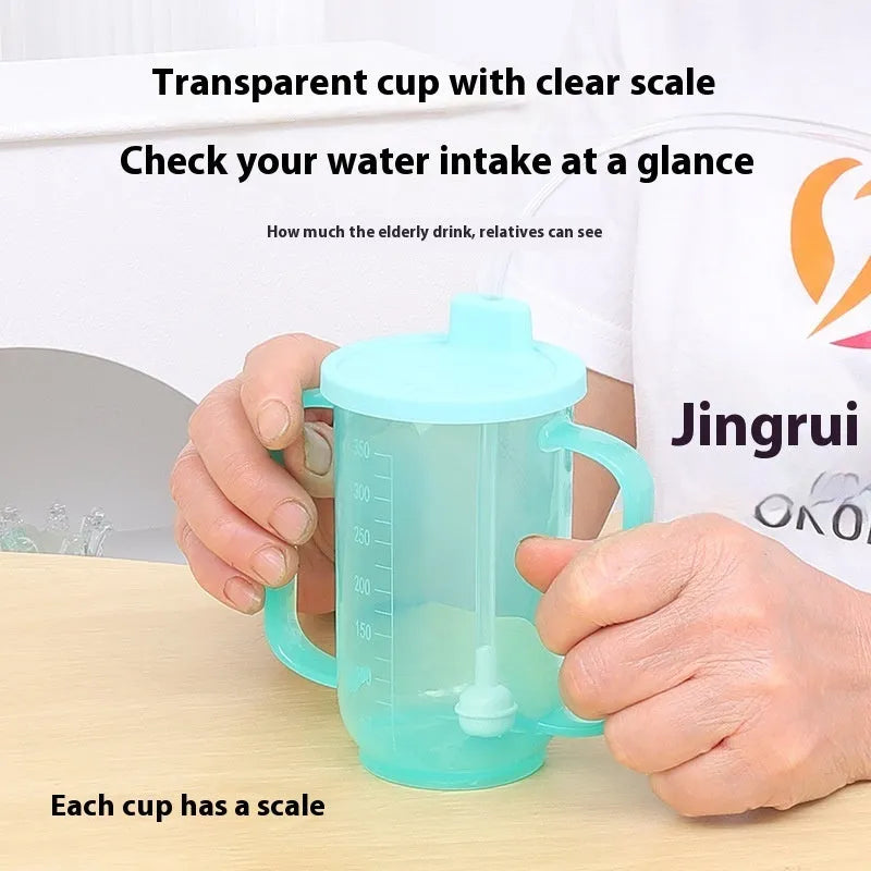 Oblique anti-choke drinking cup with handle and lid for bed use by elderly or pregnant women