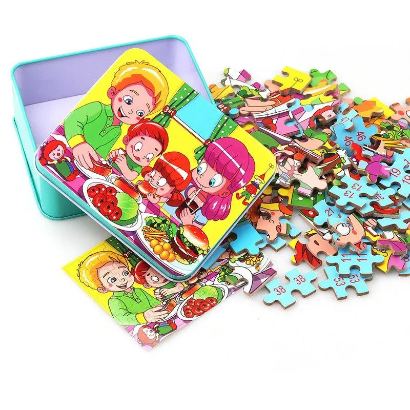 80-piece wooden animal puzzle set in iron box, designed for children aged 3 and over, featuring bear and riding themes