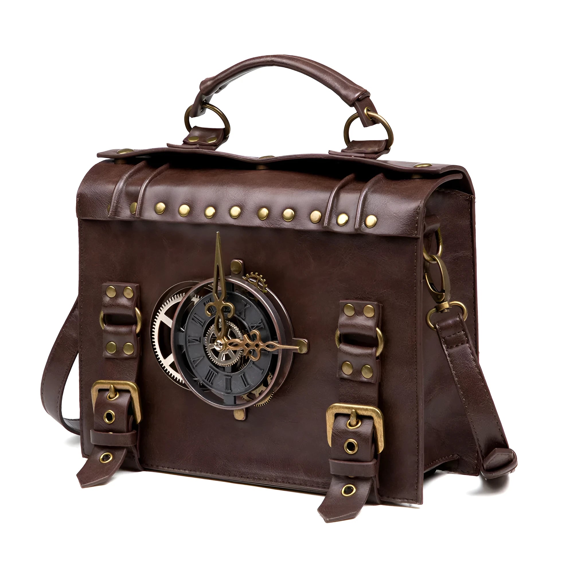 Bronze steampunk industrial retro shoulder bag with square pillow bag design and metal hardware