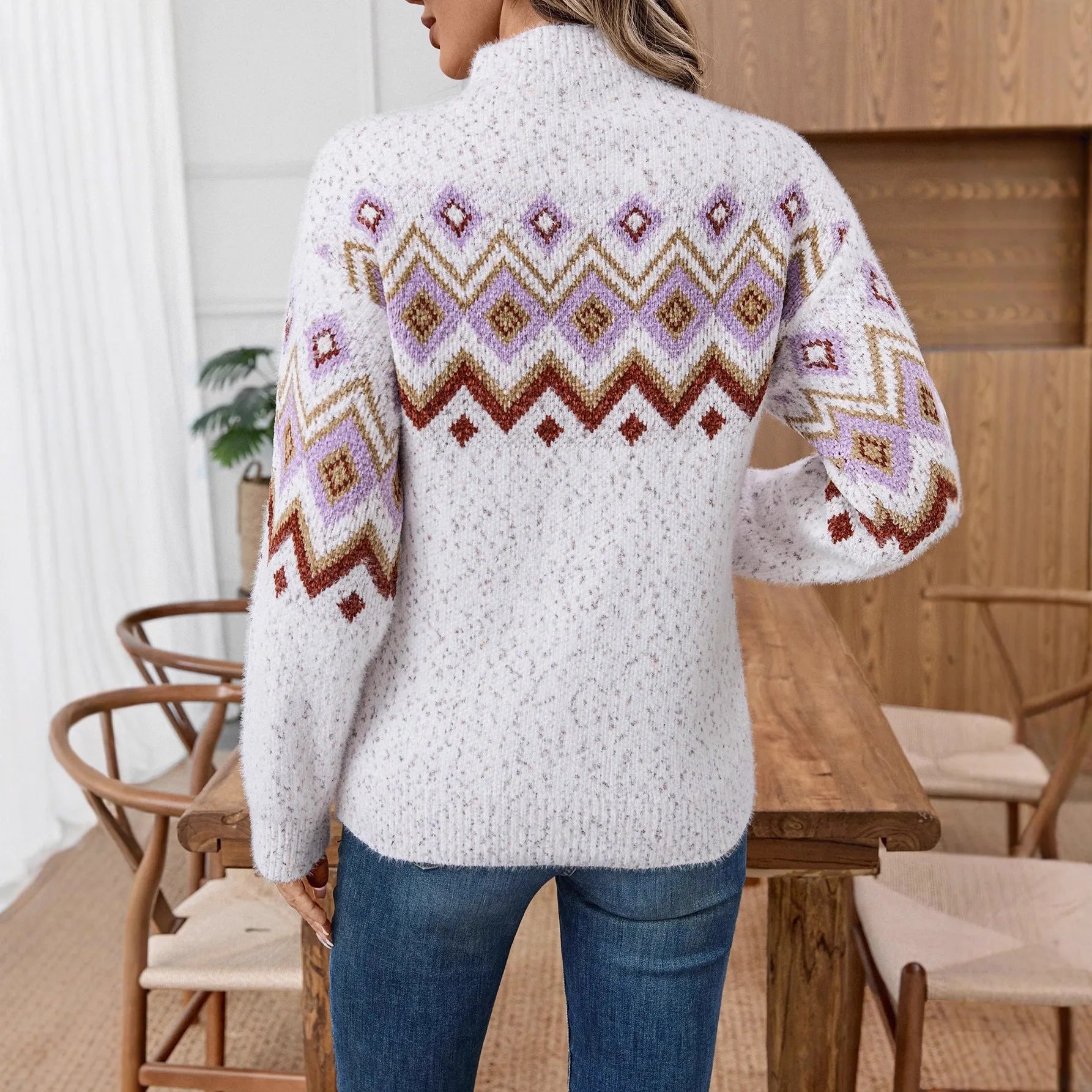 White women's half turtleneck sweater with geometric jacquard pattern in loose street fashion fit