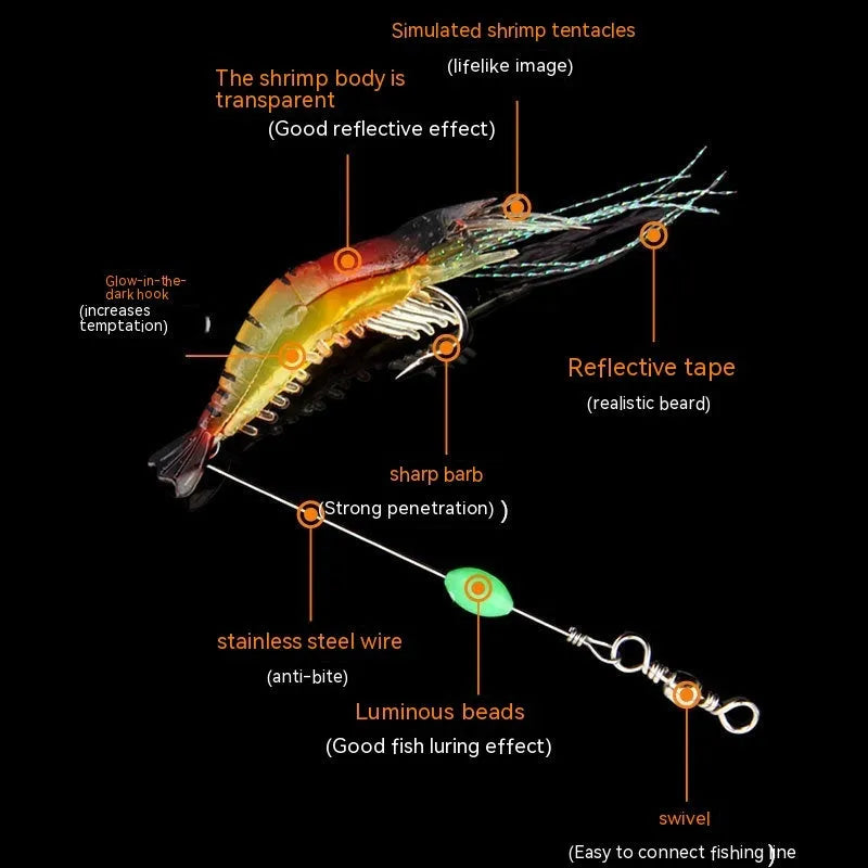 Six soft plastic fishing lures with integrated hooks in different colour variations including luminous patterns