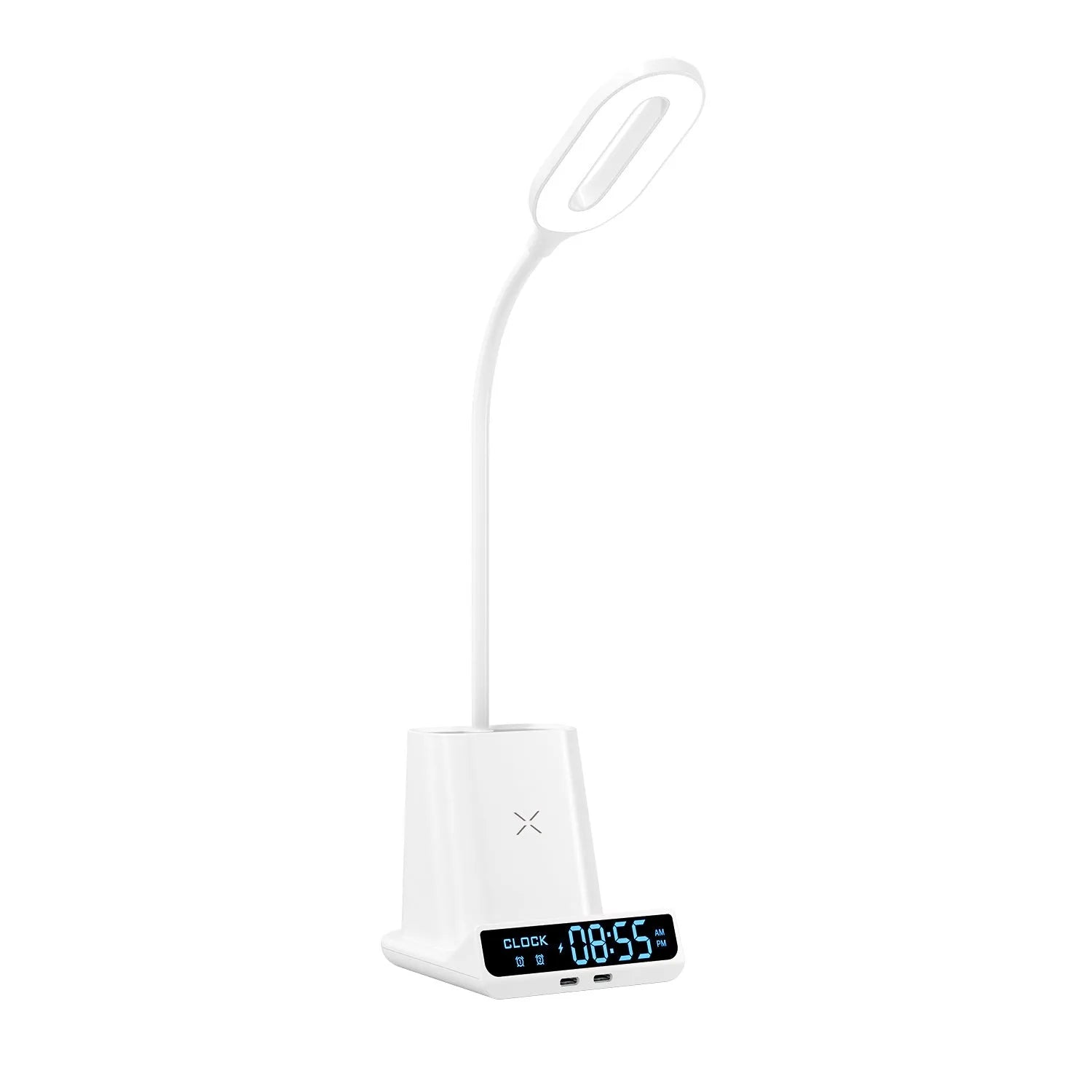 Modern wireless charging desk lamp with integrated pen holder and storage compartment.