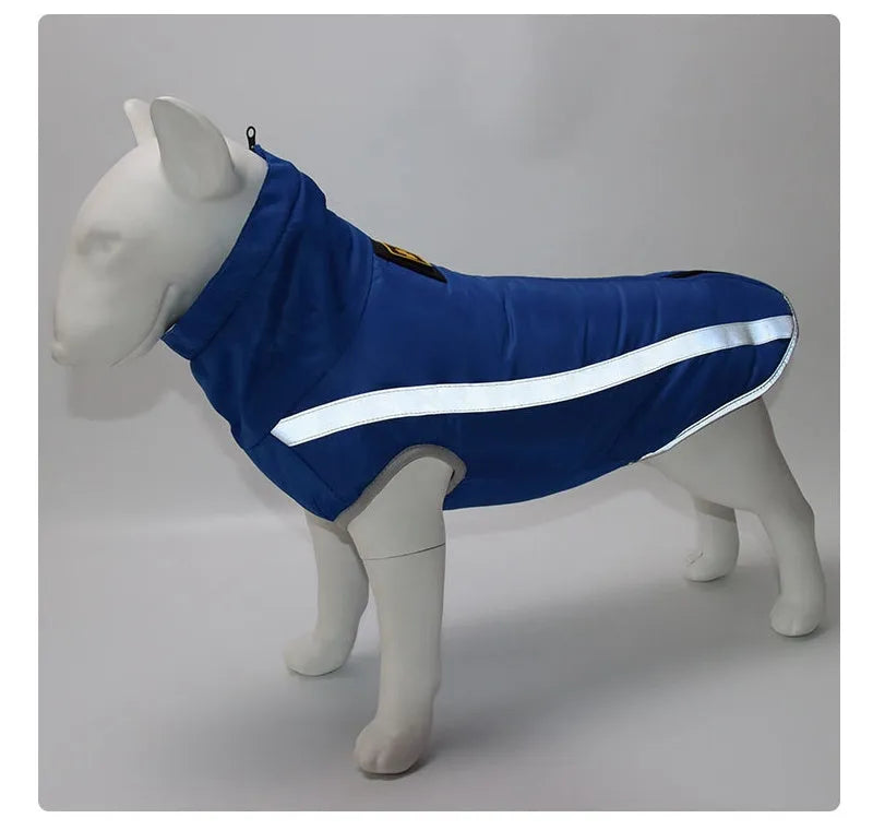 Thickened reversible polar fleece dog coat in blue for small to large dogs with windproof polyester shell