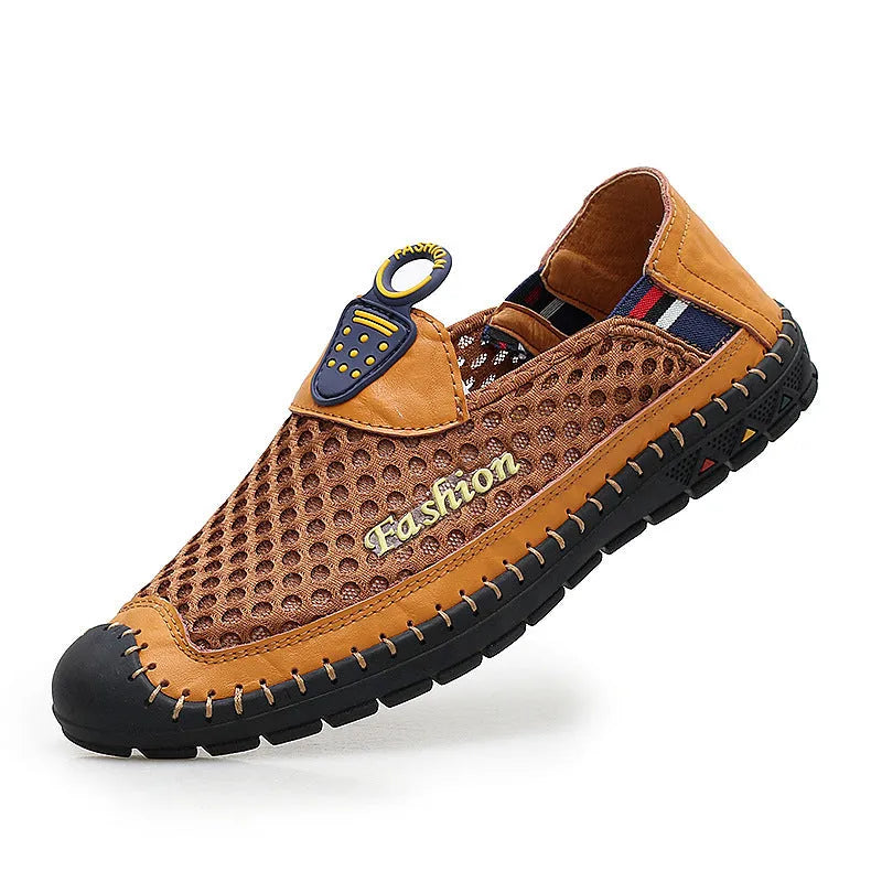 Men's brown breathable mesh casual shoes with round toe and rubber sole on a white background.