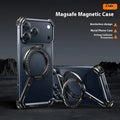 Black metal phone case for iPhone 17 Pro Max showing the built-in magnetic bracket and electroplated finish.