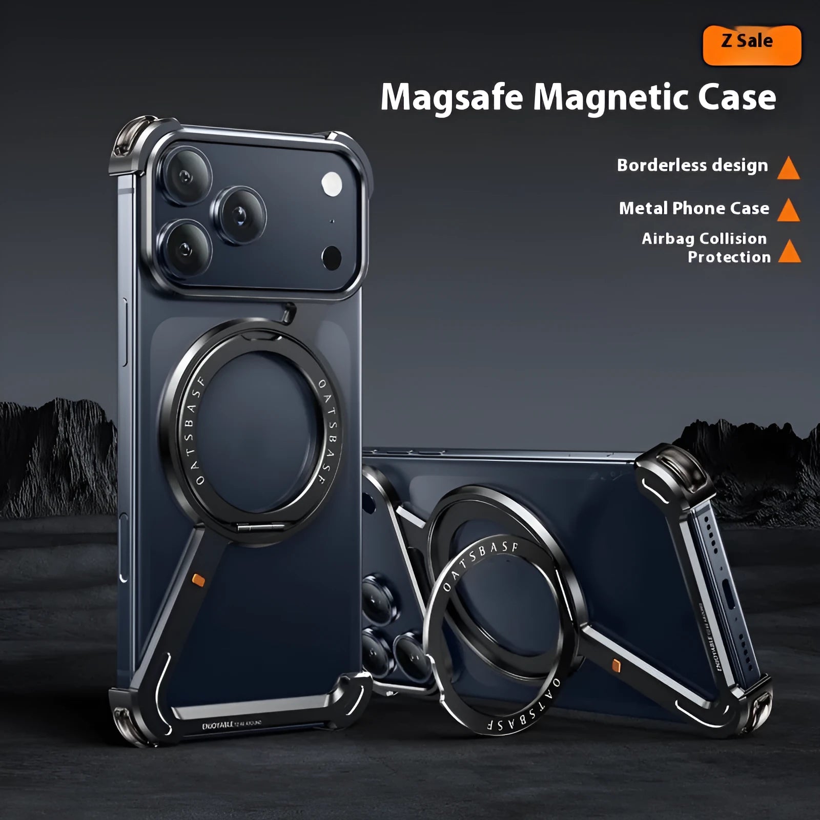 Black metal phone case for iPhone 17 Pro Max showing the built-in magnetic bracket and electroplated finish.