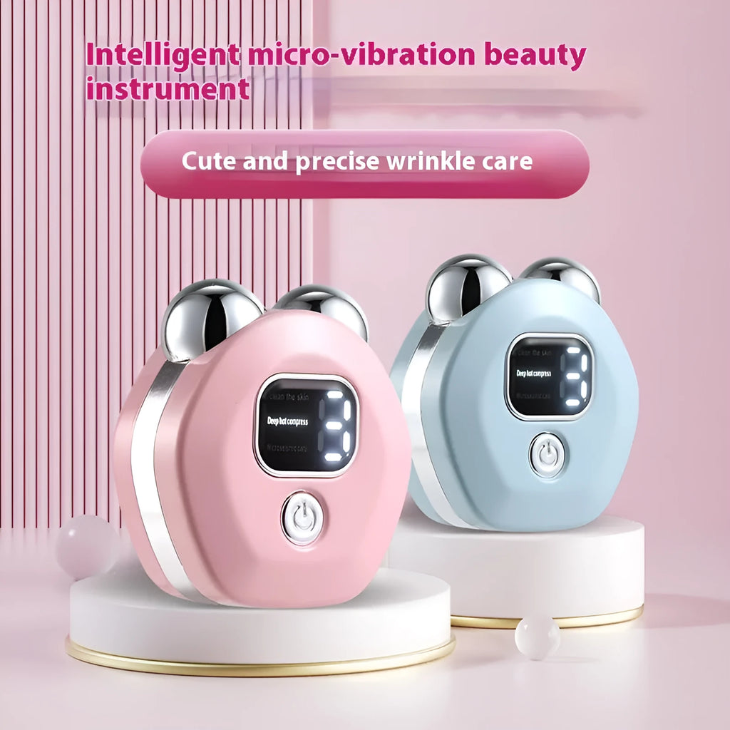 Portable white microcurrent facial massager with dual roller heads and hot compress function.