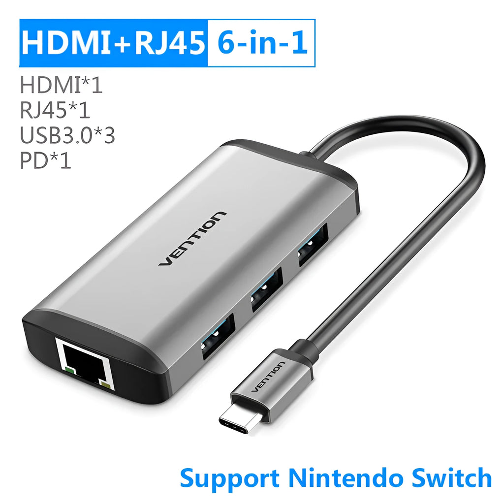Deep grey USB-C to HDMI, USB 3.0, Ethernet, and card reader multi-port adapter hub