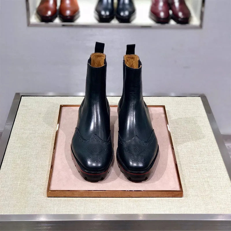 Men's black high-top leather business casual shoes with genuine leather soles