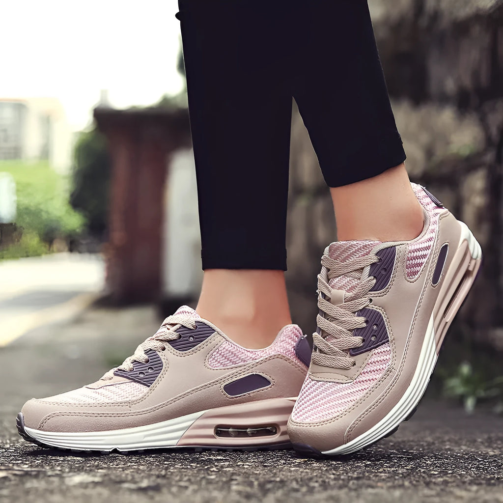 Women's casual low-heel shoes in beige orange, grey, and pink purple, showing a sizing chart.