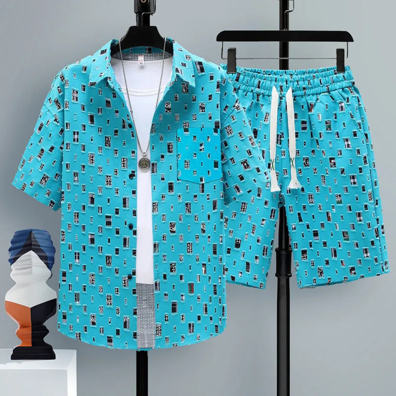 Men's grey casual polyester short sleeve top and matching shorts laid flat.