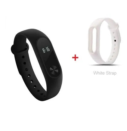 Xiaomi Mi Band 2 black fitness tracker on wrist showing OLED display