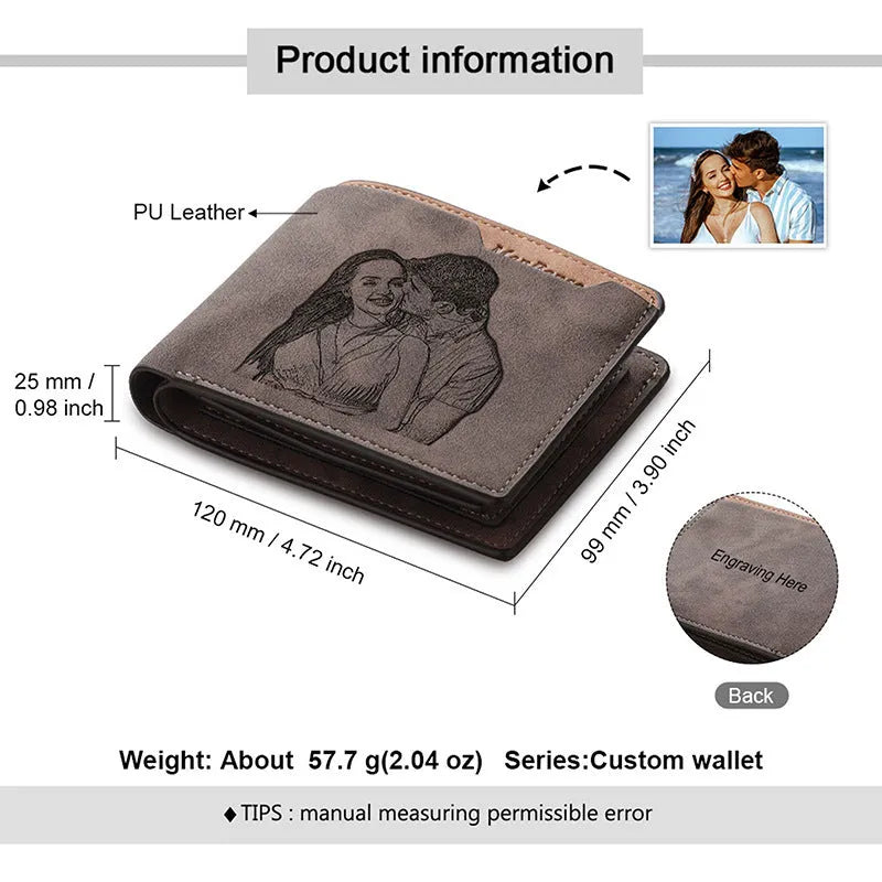 Coffee brown engraved horizontal short wallet showing personalisation and seven interior compartments