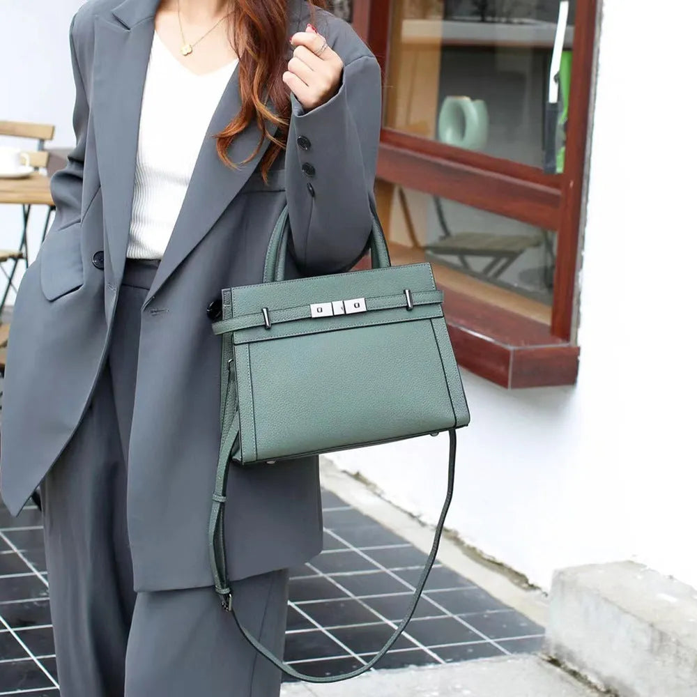 Small square genuine leather shoulder bag in horizontal design with organised interior compartments