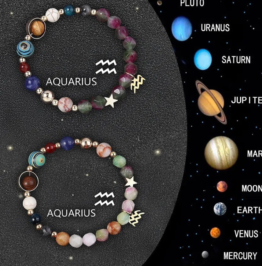 Set of two adjustable natural stone beaded bracelets showing different zodiac sign designs.