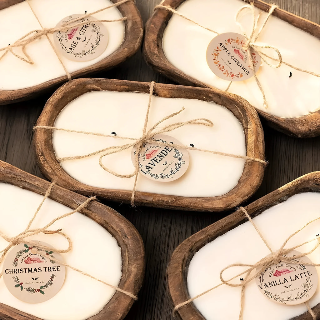 Retro-style wooden basin containing a Lavender soy wax aromatherapy candle with three visible wicks.