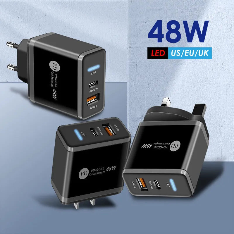 PD48W fast travel charger with UK three-pin plug in black or white colour, showing type-C USB port