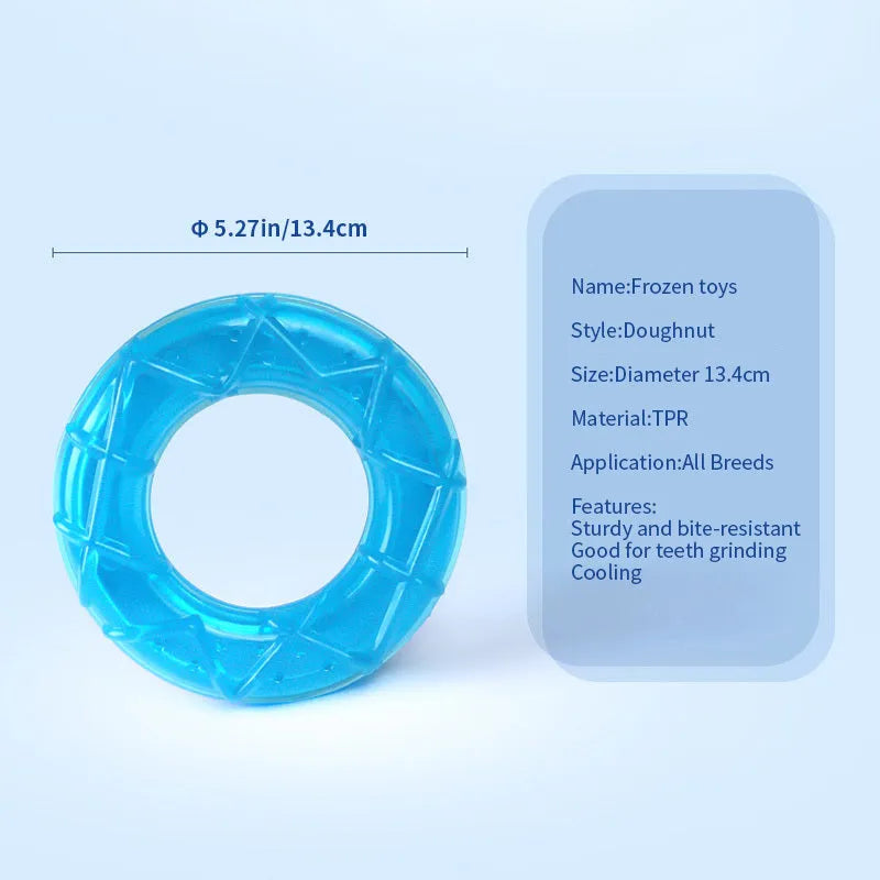 Set of three plastic dog chew toys: a blue pacifier, a red popsicle, and a green ring, designed to be filled with water and frozen.